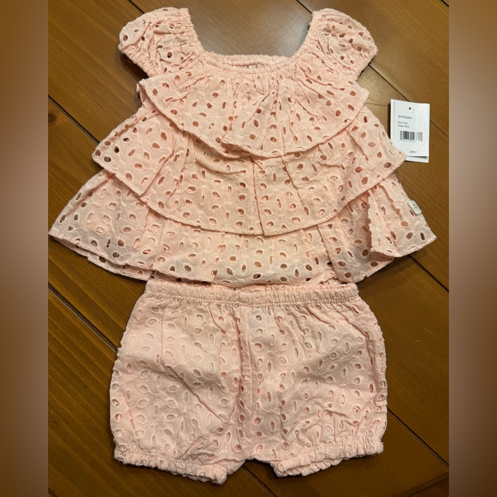 NWT 7 For All Mankind Pale Pink Eyelet Set 3-6M